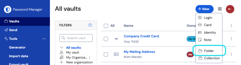 Createa new folder Bitwarden