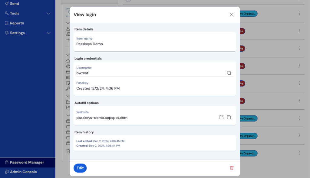 Bitwarden Passkey in vault