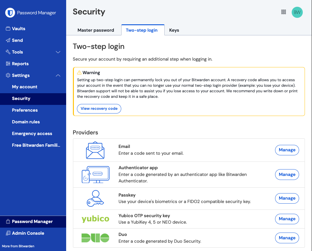 Bitwarden 2 step login