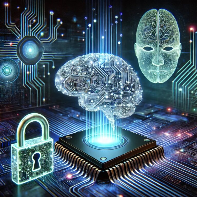 Futuristic digital landscape featuring a quantum computer chip, an AI neural network, and a secure lock symbol representing encryption.