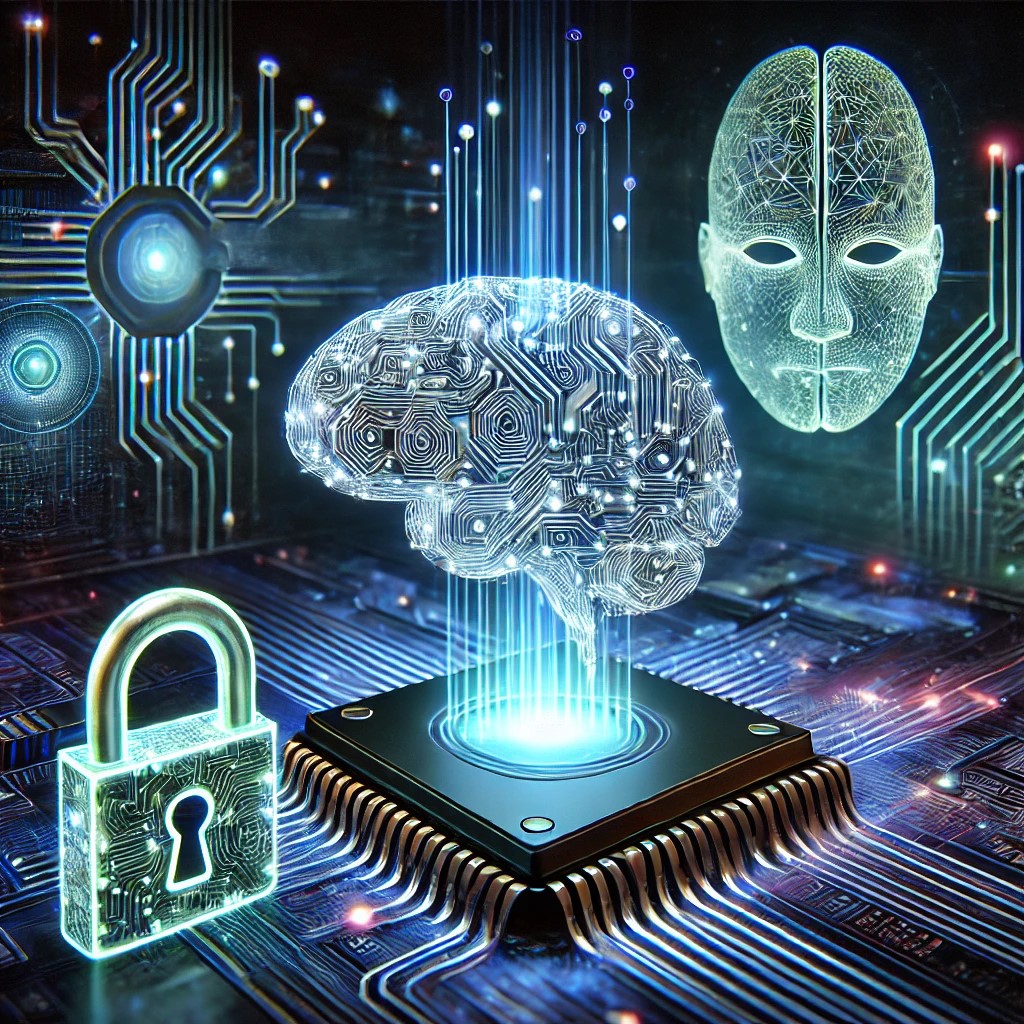 Futuristic digital landscape featuring a quantum computer chip, an AI neural network, and a secure lock symbol representing encryption.