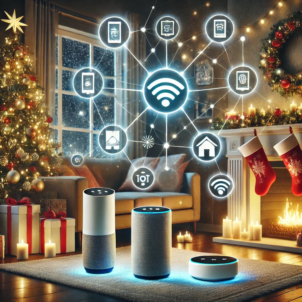 A festive holiday living room featuring Christmas decorations and smart IoT devices, such as smart speakers and lights, connected to a glowing Wi-Fi network symbol for secure connectivity.