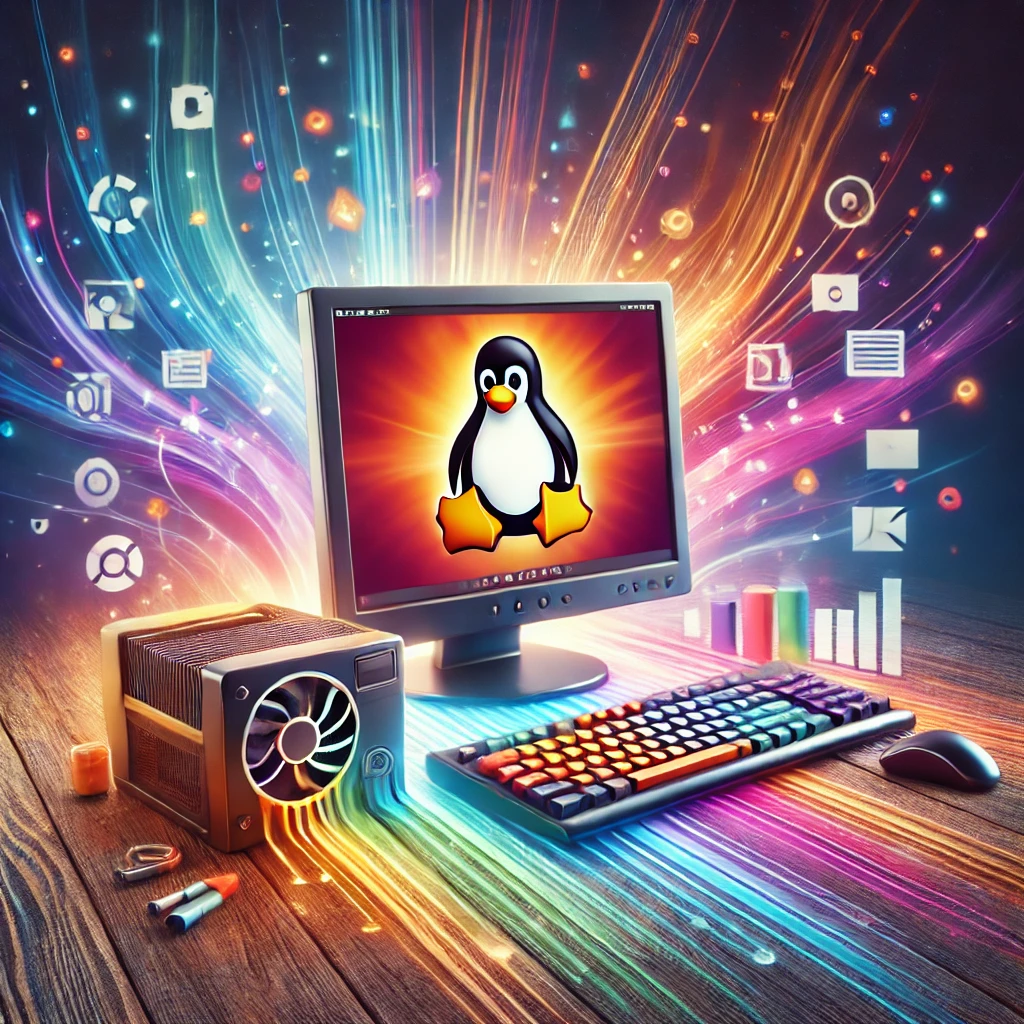 A vibrant and visually dynamic illustration of an older desktop computer revitalized with a modern operating system. The scene highlights the transformation, featuring an Ubuntu logo subtly integrated into the background, with colorful elements representing streaming, web browsing, and office productivity tools. The focus is on breathing new life into older hardware with a sleek and modern touch.