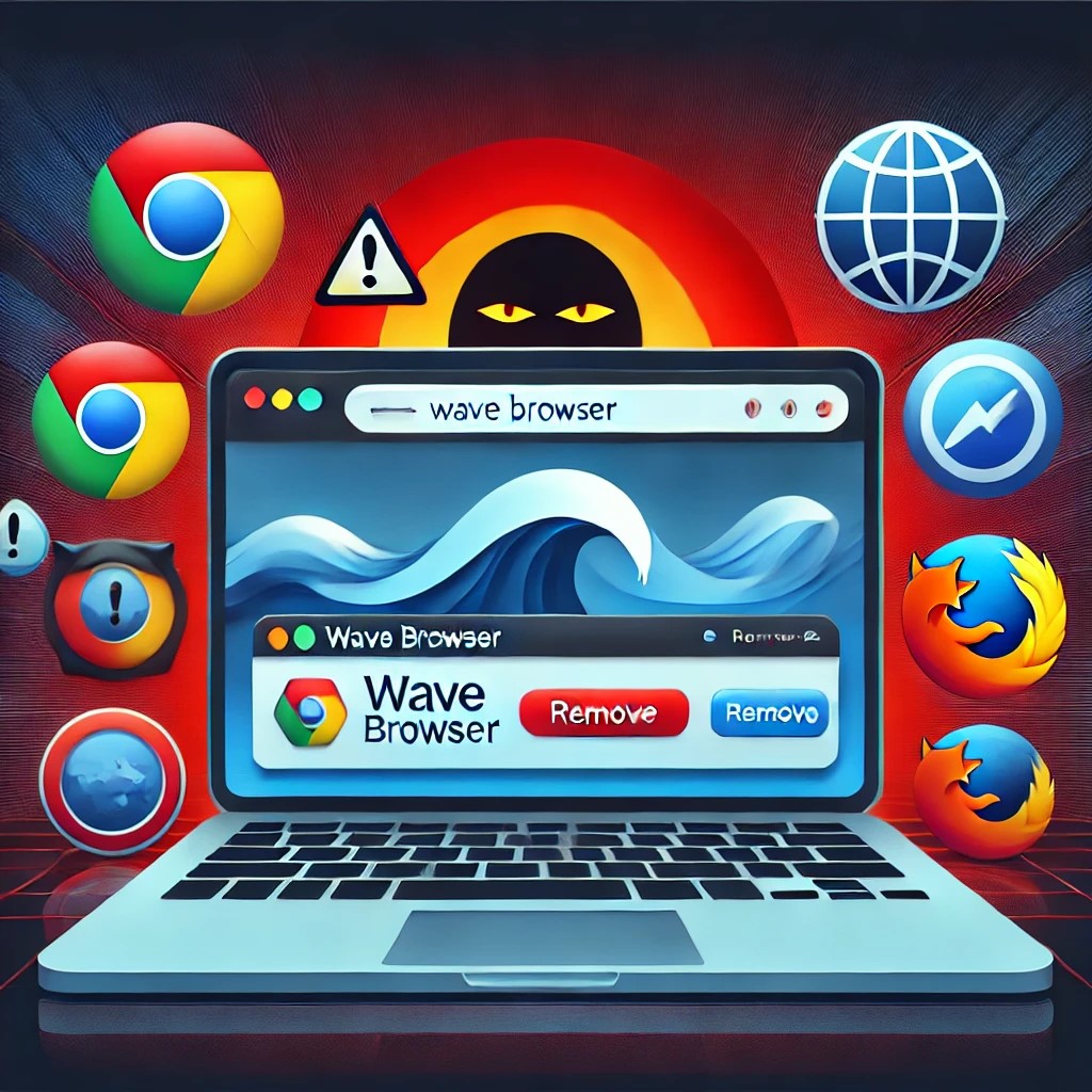 An illustration of a desktop screen displaying a suspicious Wave Browser interface filled with pop-ups and warning icons, with trusted browser logos like Chrome, Firefox, Safari, and Brave in the foreground, surrounded by clean and secure visuals. A subtle spy silhouette in the background hints at privacy concerns.