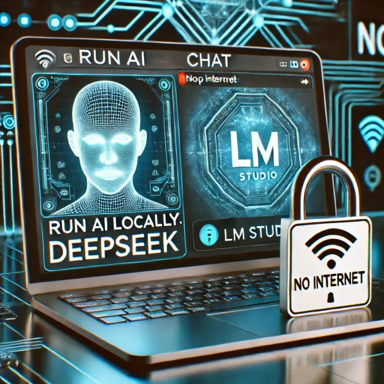 A sleek modern laptop displaying a local AI chat interface labeled 'DeepSeek,' with the LM Studio logo visible on the screen. A padlock icon nearby symbolizes privacy, and the 'No Internet' symbol (Wi-Fi crossed out) emphasizes offline functionality. The background features futuristic neural network graphics and circuitry, reinforcing themes of security and high-tech AI.