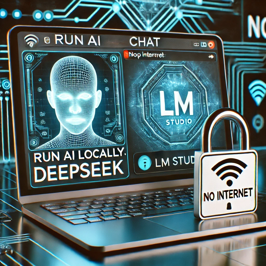 A sleek modern laptop displaying a local AI chat interface labeled 'DeepSeek,' with the LM Studio logo visible on the screen. A padlock icon nearby symbolizes privacy, and the 'No Internet' symbol (Wi-Fi crossed out) emphasizes offline functionality. The background features futuristic neural network graphics and circuitry, reinforcing themes of security and high-tech AI.