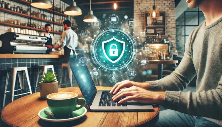 A person sitting in a cozy coffee shop using a laptop, with a glowing green shield icon above the laptop symbolizing a secure VPN connection. The background features a barista, a coffee machine, and coffee cups, creating a relaxed, modern atmosphere.