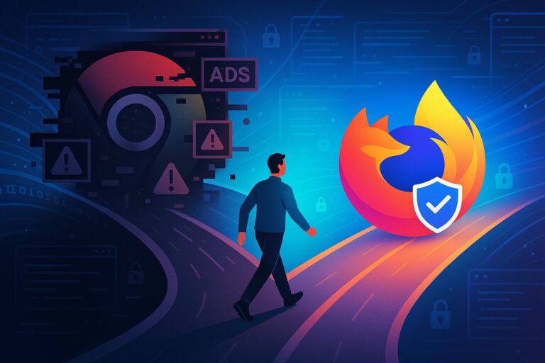 Person at a digital crossroads choosing Firefox over Chrome, symbolizing online privacy and security.
