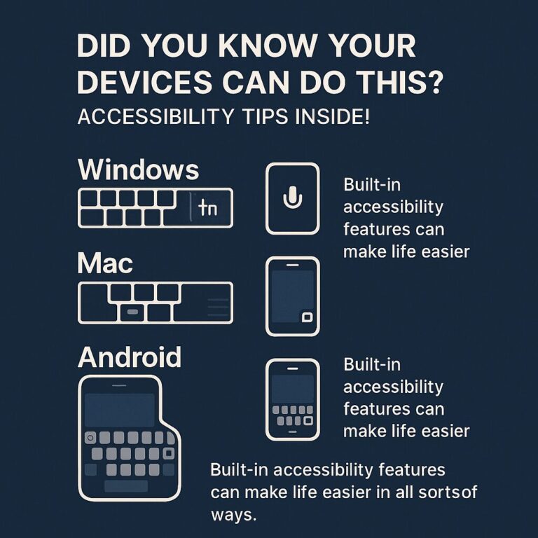 Infographic titled “Did You Know Your Devices Can Do This? Accessibility Tips Inside!” with sections for Windows, Mac, and Android, encouraging users to explore built-in accessibility features that can simplify device use.