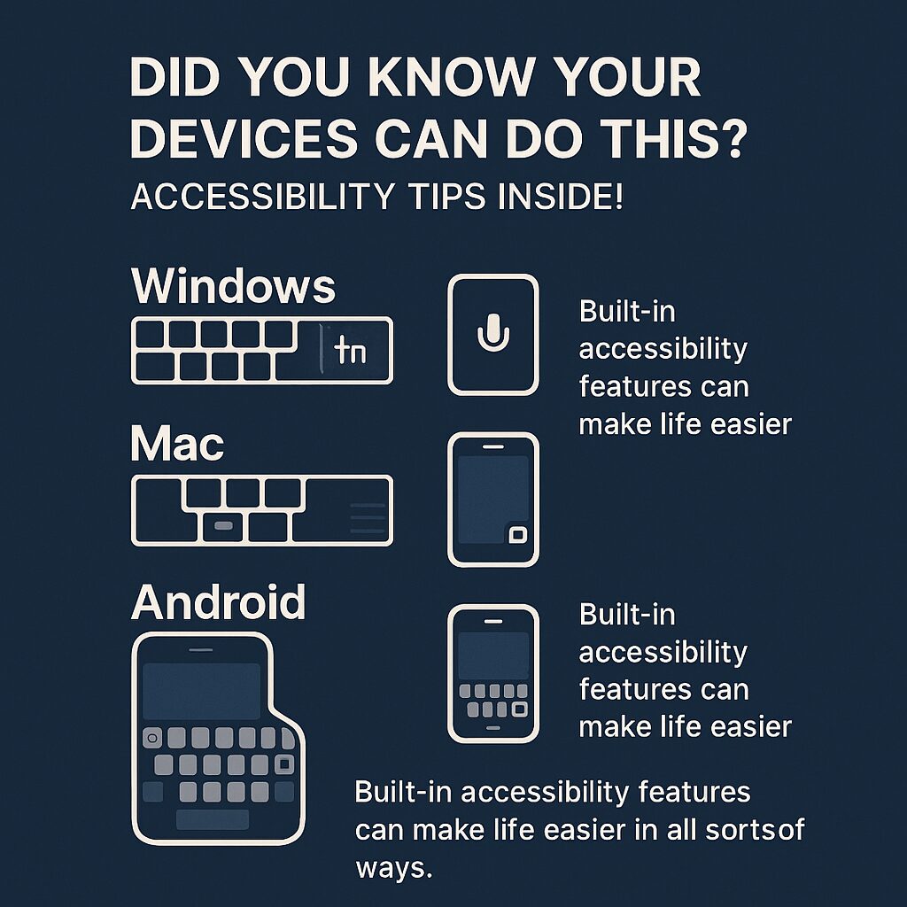 Infographic titled “Did You Know Your Devices Can Do This? Accessibility Tips Inside!” with sections for Windows, Mac, and Android, encouraging users to explore built-in accessibility features that can simplify device use.