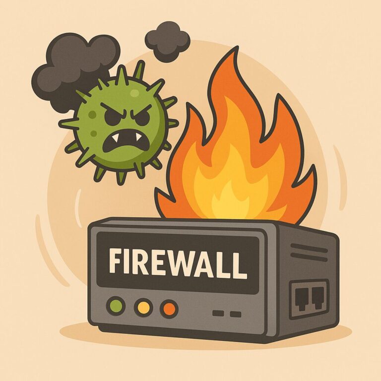 Cartoon illustration of a network firewall device with flames and a spiky green virus attacking it.