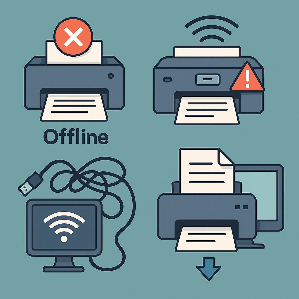 A cartoon-style grid of four printer issues, including an "Offline" printer, a printer with a Wi-Fi error, a tangled USB cable, and a document stuck in a print queue.