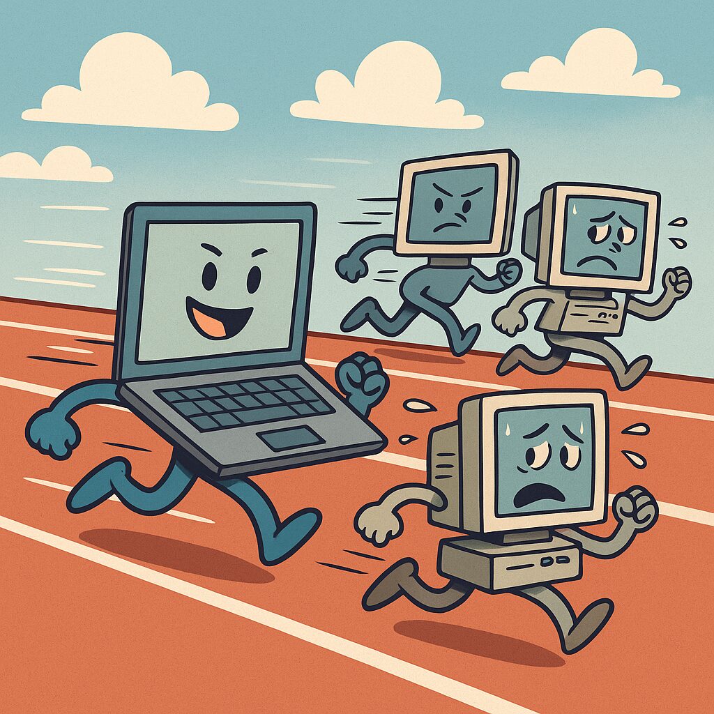 Cartoon-style race featuring computers and laptops, with some running fast and others struggling to keep up