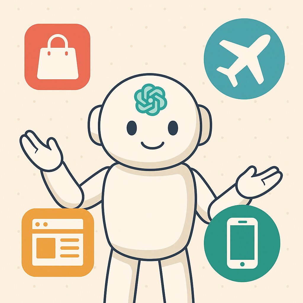 A friendly robot with the OpenAI logo on its head juggling colorful icons representing shopping, flights, websites, and mobile apps.