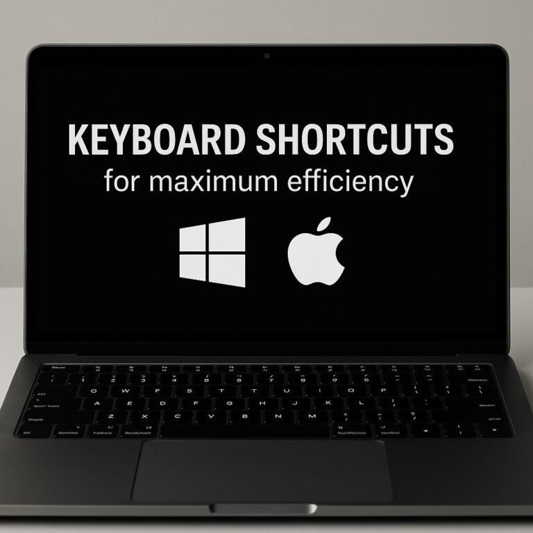 Laptop with a black screen displaying the text “KEYBOARD SHORTCUTS for maximum efficiency” with Windows and Apple logos beneath.