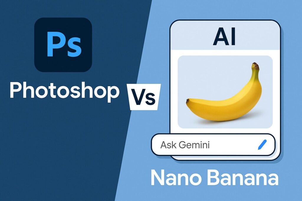 Digital illustration comparing Photoshop with Google’s Nano Banana AI editor in Gemini.