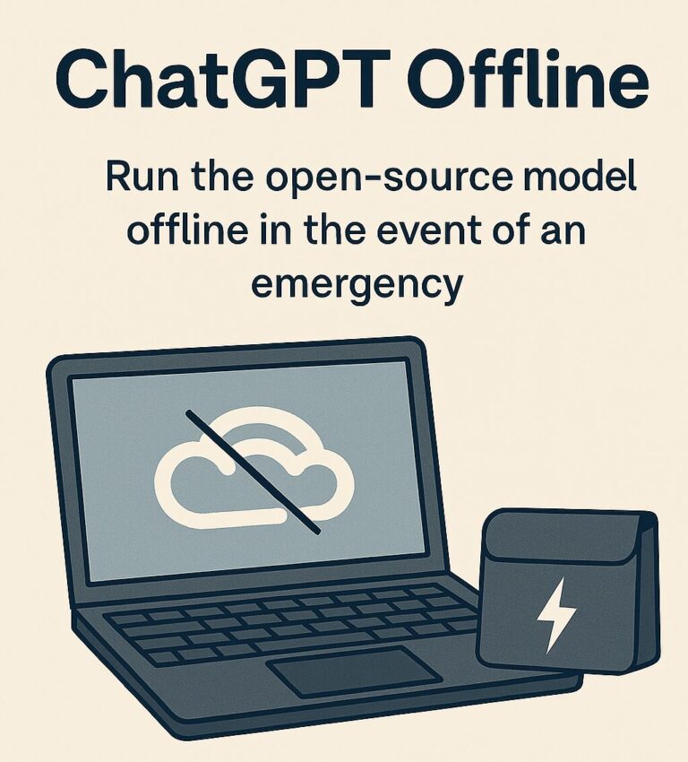 A digital illustration showing a laptop with a no-internet cloud icon and a small Faraday bag beside it. The heading reads “ChatGPT Offline” with subtext that says “Run the open-source model offline in the event of an emergency.”