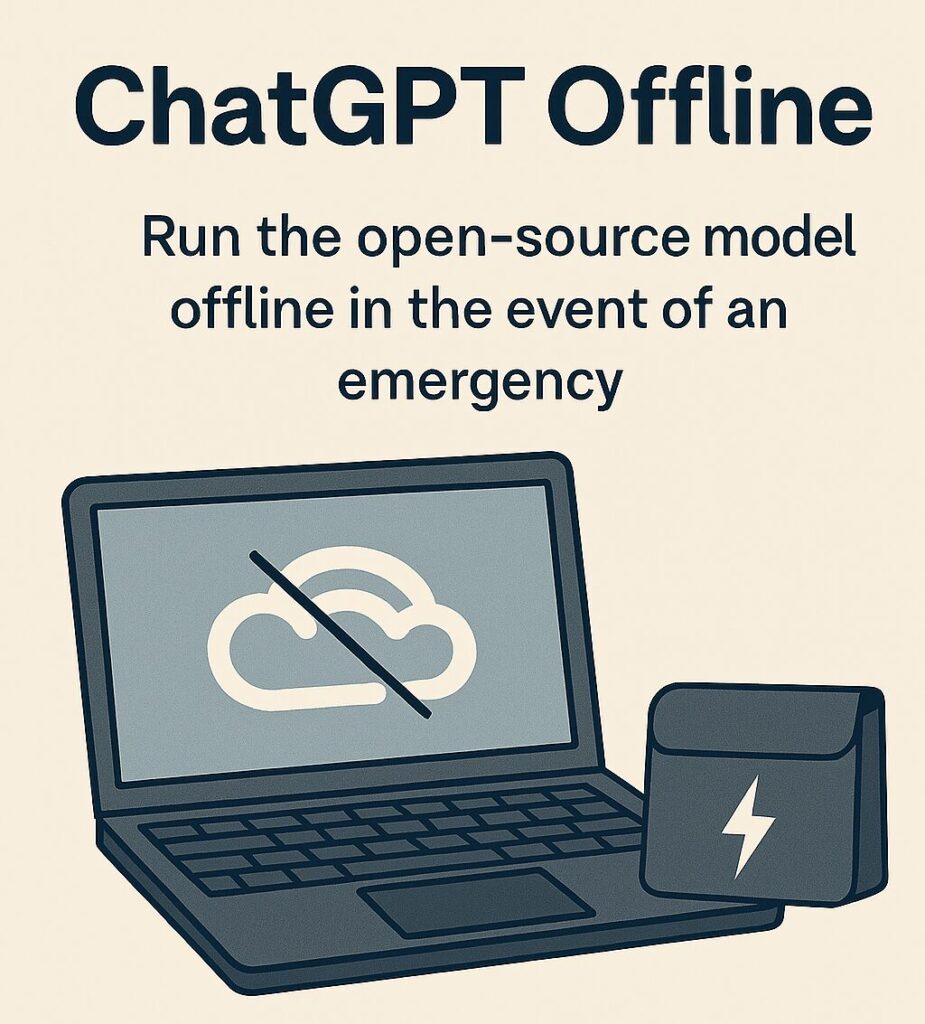 A digital illustration showing a laptop with a no-internet cloud icon and a small Faraday bag beside it. The heading reads “ChatGPT Offline” with subtext that says “Run the open-source model offline in the event of an emergency.”