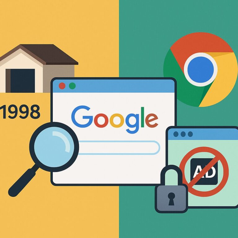 Illustration of Google’s evolution—from a garage startup to Chrome dominance—with a search bar, magnifying glass, and a crossed-out ad icon representing ad-blocking.