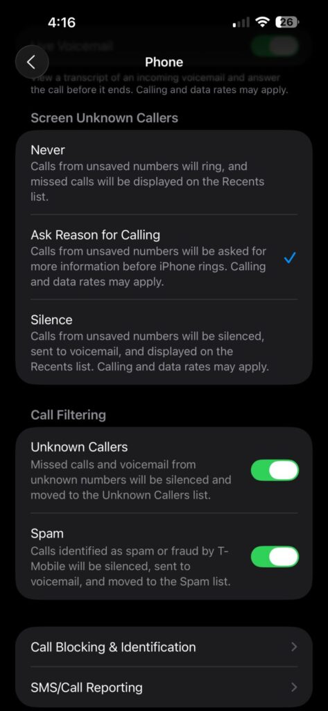 A screenshot of the new IOS 26 call screening and anti spam settings