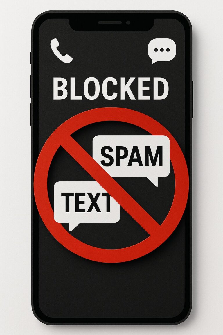 Smartphone screen showing both a spam call and a spam text being blocked with a red prohibition circle overlay.