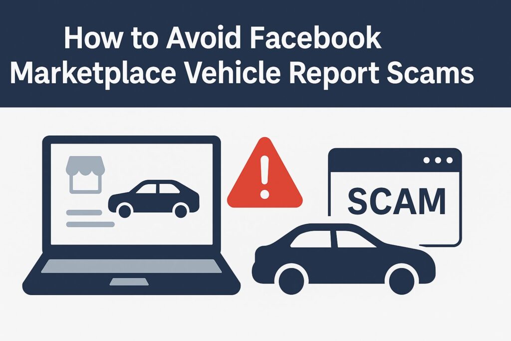 Illustration warning about Facebook Marketplace vehicle report scams. Shows a car, Facebook Marketplace logo, and a fake website labeled “SCAM.”