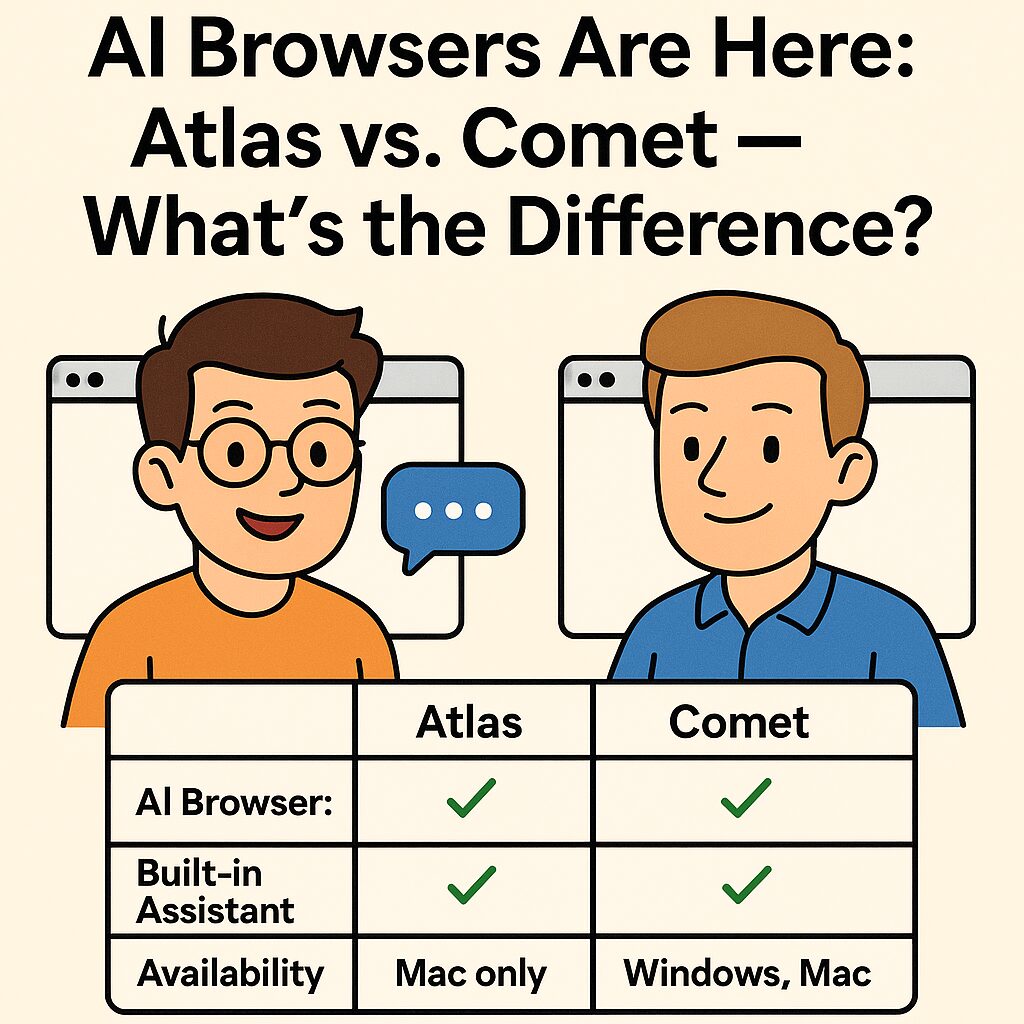 Cartoon illustration comparing OpenAI Atlas and Perplexity Comet AI browsers with a simple chart of features.