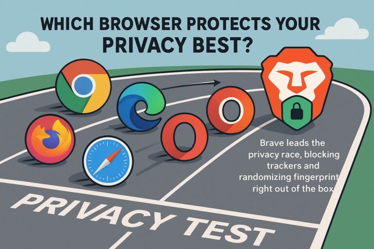 Illustrated cartoon of popular web browsers racing on a track labeled “Privacy Test,” with Brave leading and Chrome trailing behind.
