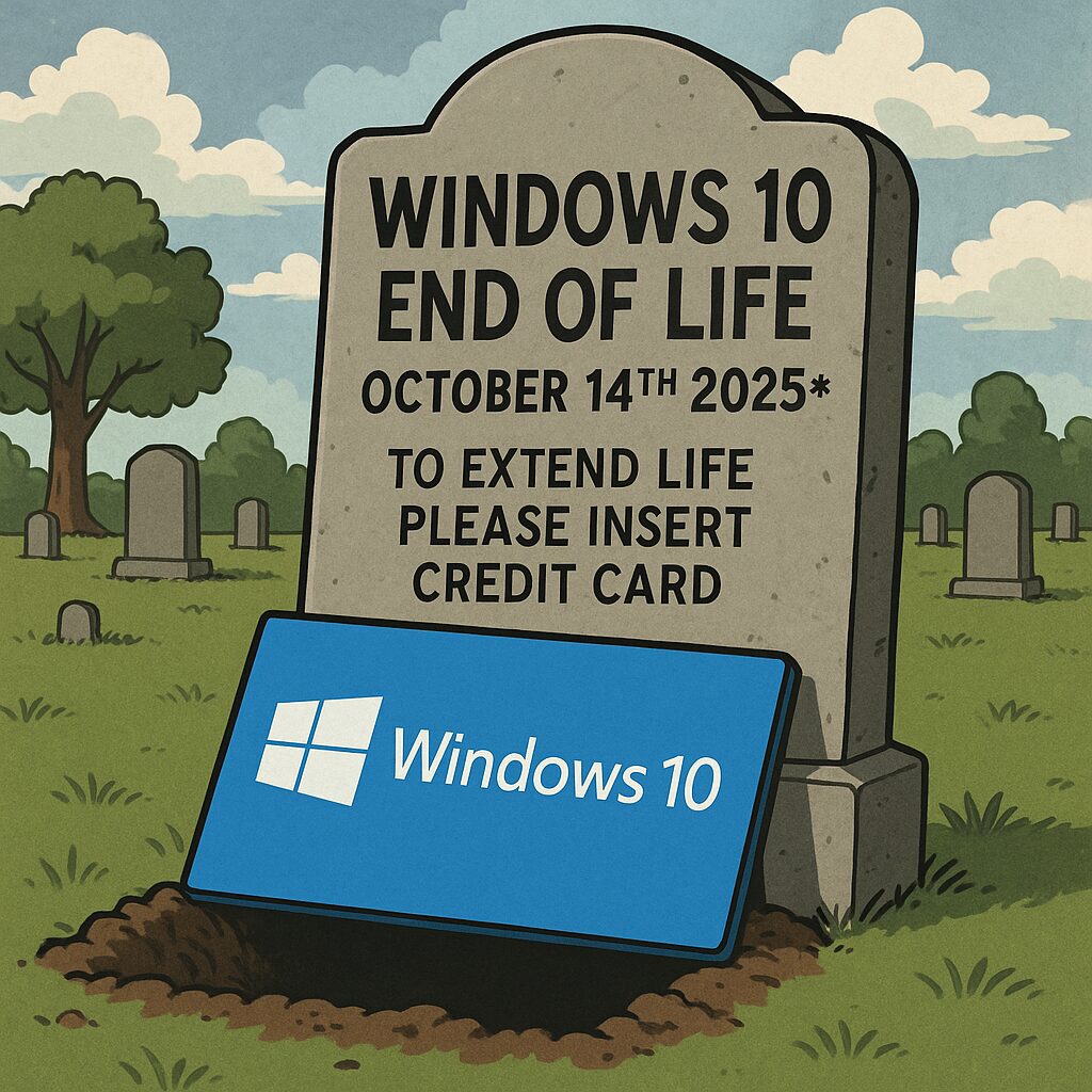 A humorous cartoon-style tombstone in a graveyard reads “Windows 10 End of Life October 14th 2025. To extend life please insert credit card,” with a Windows 10 logo card leaning against the grave.