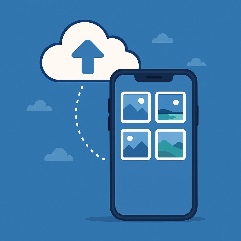 Illustration of a smartphone syncing photos to a cloud storage service, showing four image thumbnails being uploaded to a white cloud icon above.