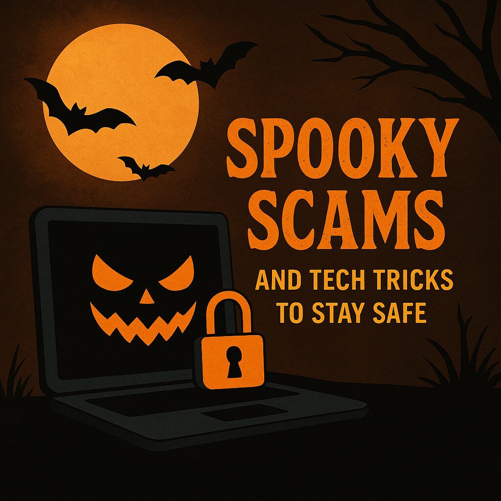 Halloween-themed image showing a spooky laptop with a glowing jack-o’-lantern face on its screen and a padlock in front of it. The background features a full moon, flying bats, and tree branches. Text reads “Spooky Scams and Tech Tricks to Stay Safe.