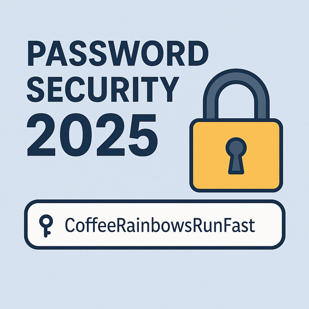 Illustration of a yellow lock with the text “Password Security 2025” and a sample passphrase “CoffeeRainbowsRunFast” symbolizing strong password habits.