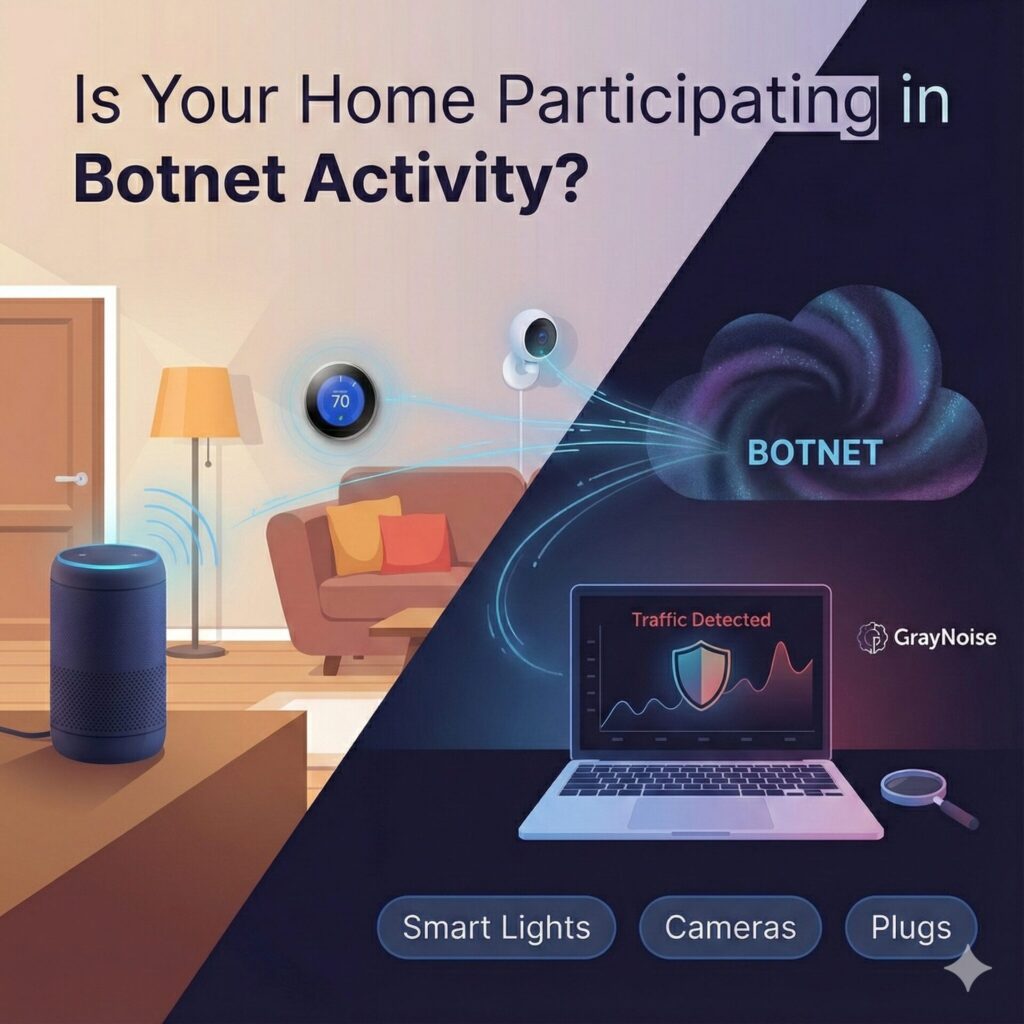 A living room filled with smart home devices such as a thermostat, security camera, and smart speaker sending digital signals toward a swirling botnet cloud, alongside a laptop displaying a traffic alert from GrayNoise, illustrating how household devices can be used in botnet activity.