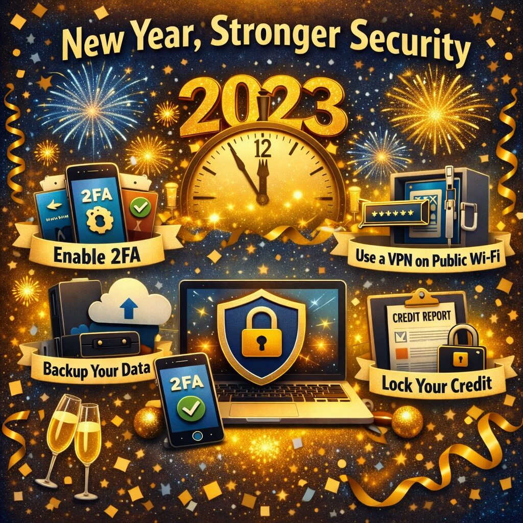 New Year themed cybersecurity graphic showing five IT security resolutions including two factor authentication, strong passwords with a password manager, VPN use on public Wi-Fi, data backups, and locking your credit, with fireworks and a midnight clock in the background.