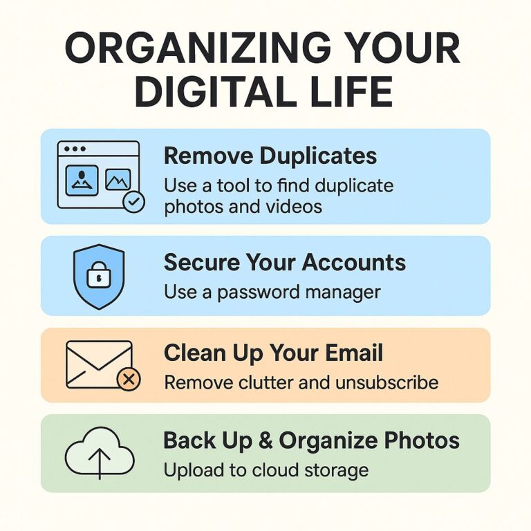 Graphic titled ‘Organizing Your Digital Life’ showing four colored sections with icons representing removing duplicate files, securing accounts with a password manager, cleaning up email, and backing up photos to cloud storage