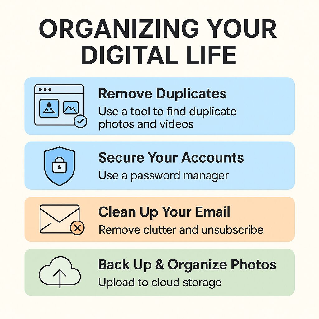 Graphic titled ‘Organizing Your Digital Life’ showing four colored sections with icons representing removing duplicate files, securing accounts with a password manager, cleaning up email, and backing up photos to cloud storage