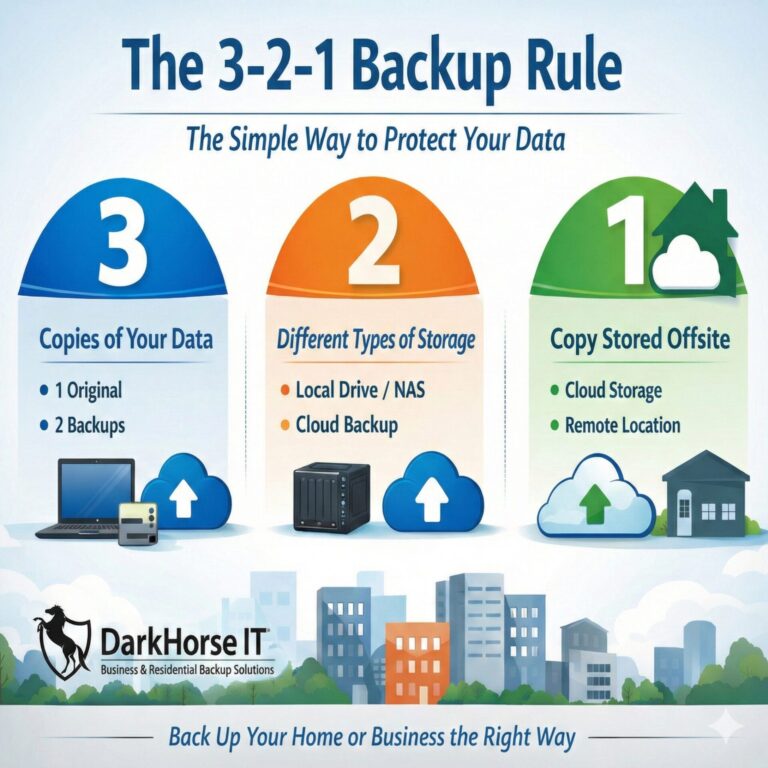 Infographic explaining the 3-2-1 backup rule showing three copies of data, two different storage types, and one offsite backup, branded with the DarkHorse IT logo.