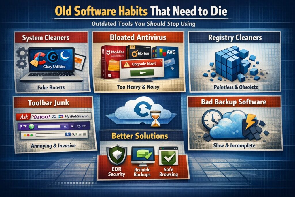 Infographic showing outdated computer software to avoid, including system cleaners, bloated antivirus programs, registry cleaners, browser toolbars, and slow backup software, with modern alternatives highlighted.
