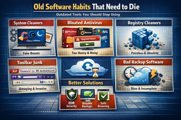 Infographic showing outdated computer software to avoid, including system cleaners, bloated antivirus programs, registry cleaners, browser toolbars, and slow backup software, with modern alternatives highlighted.