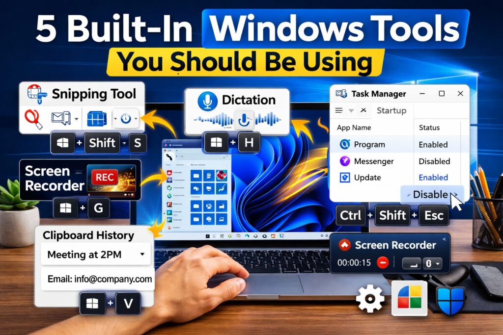 Infographic showing five built-in Windows tools including Snipping Tool, Screen Recorder, Dictation, Task Manager startup settings, and Clipboard History with keyboard shortcuts displayed.