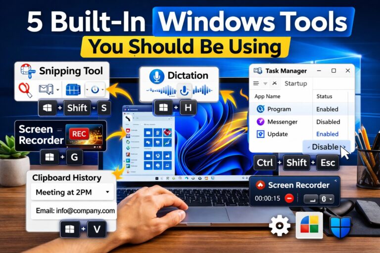 Infographic showing five built-in Windows tools including Snipping Tool, Screen Recorder, Dictation, Task Manager startup settings, and Clipboard History with keyboard shortcuts displayed.