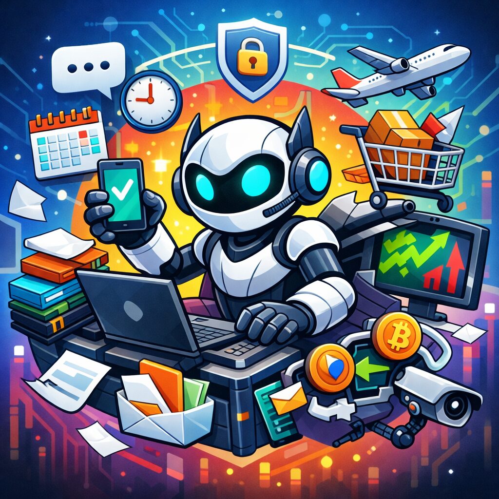 Cartoon-style robot AI sitting at a desk using a laptop and smartphone, surrounded by icons representing email, calendar, stock charts, cryptocurrency, shopping cart, airplane travel, and a security shield.