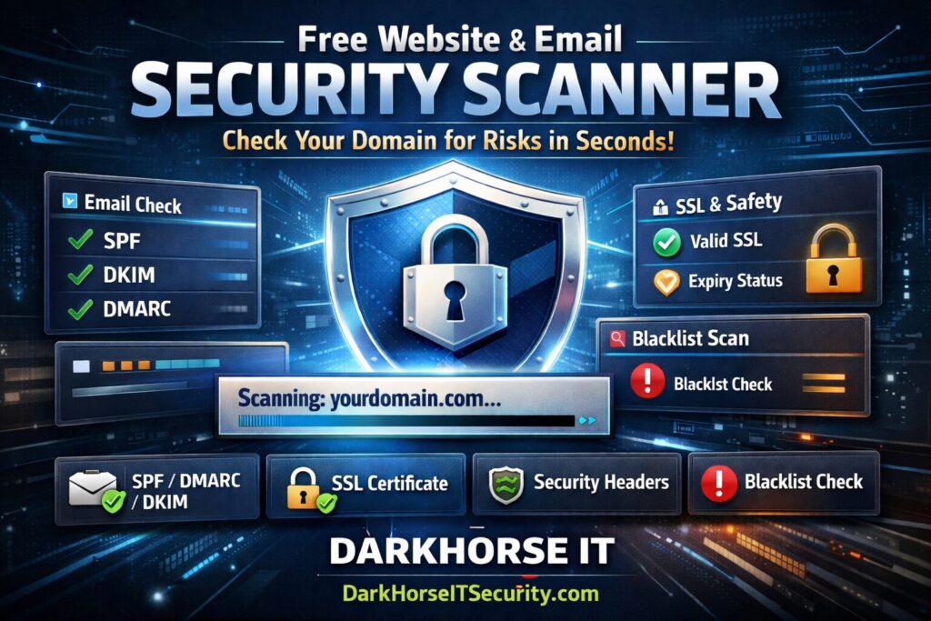 Test Your Website and Email Security in Seconds (New Free Tool) Introduction On this week’s KFGO tech segment, we’re talking about something that most business owners never think about until there’s a problem: the hidden security settings behind your website and business email. A website can look perfectly fine on the surface while still having security gaps that could affect your email reputation, your website security, or even how trustworthy your domain appears to other systems on the internet. So we built something to help. DarkHorse IT has launched a free security scanner that lets anyone check several important website and email security settings in just a few seconds. All you have to do is type in your domain name and the scanner will run several automated tests and explain the results in plain English. You can try it here: https://darkhorseitsecurity.com The goal is simple. Give business owners and everyday users an easy way to see what’s going on behind the scenes and learn what might need attention. Let’s break down what the scanner actually checks. Email Authentication (SPF, DKIM, and DMARC) One of the most important things the scanner checks is email authentication. This is what helps other mail systems determine whether an email that appears to come from your business is actually legitimate. There are three main technologies involved. SPF SPF is a DNS record that lists the servers allowed to send email on behalf of your domain. Our scanner checks if: An SPF record exists The record is configured safely It ends with a secure rule like -all The configuration exceeds the DNS lookup limit If SPF is misconfigured, scammers can sometimes spoof your domain, meaning they can send messages that appear to come from you. DMARC DMARC tells email providers what to do if an email fails authentication. Possible policies include: p=none – monitor only (weak protection) p=quarantine – suspicious email goes to spam p=reject – strongest protection Our scanner checks: If a DMARC policy exists Whether it’s set to monitor or actually enforce protection Whether reporting is configured so you can see authentication activity Many domains have no DMARC policy at all, which makes it easier for attackers to impersonate them. DKIM DKIM adds a cryptographic signature to outgoing email that proves it hasn’t been altered. The scanner looks for DKIM keys commonly used by services like Google Workspace and Microsoft 365. If DKIM is missing or misconfigured, email providers have less confidence that your messages are legitimate. SSL and Website Encryption When you visit a website and see the padlock icon, that means the site is using HTTPS with an SSL/TLS certificate. But certificates can expire or be configured poorly. Our scanner checks: When the certificate was issued When it expires Who issued the certificate Whether the website properly redirects HTTP to HTTPS Whether HSTS is enabled to enforce secure connections If a certificate expires, visitors may see scary browser warnings or the site may stop working properly. Website Security Headers This is one of the most overlooked parts of website security. Security headers are instructions your website sends to browsers that help prevent certain types of attacks. Our scanner checks for important headers such as: Strict-Transport-Security Content-Security-Policy X-Frame-Options X-Content-Type-Options Referrer-Policy Permissions-Policy Most people have never heard of these, but they can help prevent things like: clickjacking unsafe content loading data leakage The scanner simply shows whether these protections are present and explains what they do. Blacklist and Email Reputation Checks If your email server ends up on a blacklist, your messages may start landing in spam folders or not being delivered at all. The scanner checks the IP addresses used by your domain’s mail servers and compares them against several well-known spam blocklists. If a listing appears, it’s a signal that something may need investigation. Designed for Real People, Not Just IT Pros One of the biggest goals with this tool is education. Most security scanners throw a bunch of technical information at you and expect you to figure it out yourself. This scanner explains each result in plain English and provides guidance on what the issue means and how it might be fixed. You don’t have to be a cybersecurity expert to understand the results. Try It Yourself If you own a business website or even just a personal domain, it’s worth running a quick check. Just enter your domain and see how things look. Free Website Security Scanner: https://darkhorseitsecurity.com It only takes a few seconds, and the results can reveal things that might otherwise go unnoticed. Quick Security Tips Here are a few simple takeaways: Make sure your domain has SPF, DKIM, and DMARC configured Check that your website certificate isn’t close to expiring Use HTTPS everywhere Enable security headers on your website Monitor your domain’s email reputation Wrap-Up Security on the internet doesn’t have to be mysterious or overwhelming. Tools like this help make it easier to understand what’s happening behind the scenes and whether your website and email systems are configured properly. If the scan shows something that needs attention, DarkHorse IT is here to help with both business and residential IT support. You can learn more or reach out to us here: DarkHorse IT Website https://darkhorseit.com You can also follow along with the weekly tech segment and blog here: KFGO Tech Blog https://kfgo.darkhorseit.com And catch us live during the show on Facebook: DarkHorse IT Facebook Page https://www.facebook.com/darkhorseit